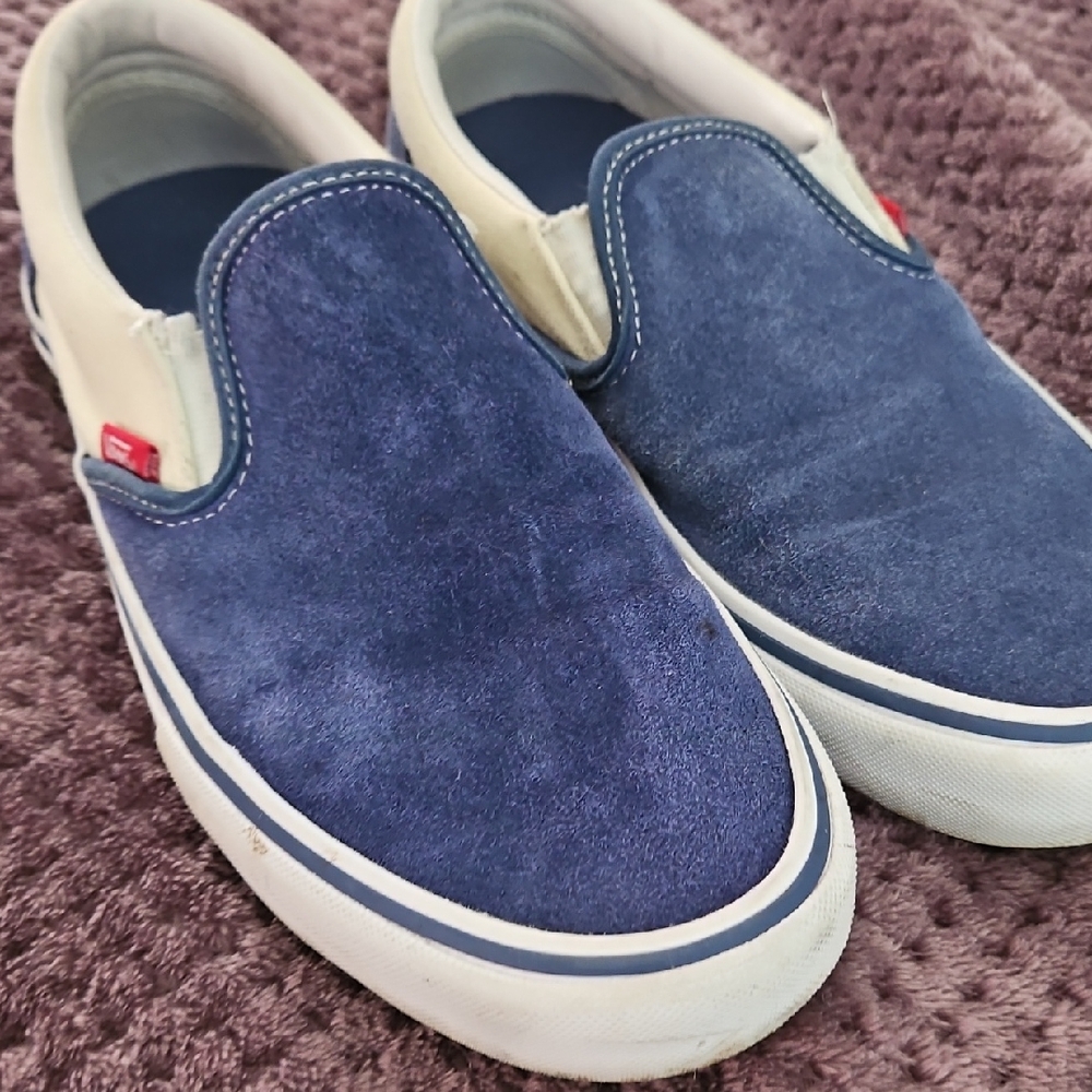 Vans Blue and White Slip-On Sneakers Suede Upper Men 9.5 Women 11